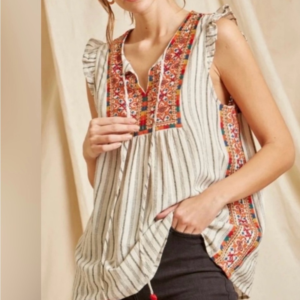 Savanna Jane Multicolor  Bohemian Embroidered Cotton Top S